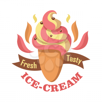 Fresh tasty ice cream logo isolated on white. Refreshing delicious summer sweet. Lemon strawberry ice cream. Confectionery illustration in flat design. Restaurant menu vector. Nutrition milk product