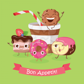 Bon appetit. Funny cartoon characters banner. Cupcake, doughnut, chocolate biscuit, cookies, cup of cola or soda. Smiling confectionery. Set of sweets in flat style design. Confection illustration