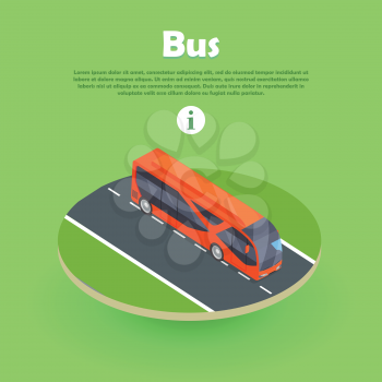 Isometric bus on part of road web banner. Public transportation bus icon. Isolated isometric bus. Scheduled bus transport, scheduled coach transport, school transport. Modern 3d tour bus. Vector