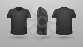 T-shirt template set, front, side, back view. Black color. Realistic vector illustration in flat style. Sport clothing. Casual men wear. Cotton unisex polo outfit. Fashionable apparel.