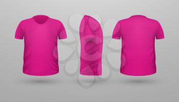 T-shirt template set, front, side, back view. Pink color. Realistic vector illustration in flat style. Sport clothing. Casual men wear. Cotton unisex polo outfit. Fashionable apparel.