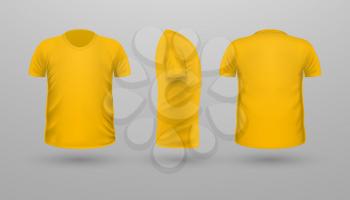 T-shirt template set, front, side, back view. Yellow color. Realistic vector illustration in flat style. Sport clothing. Casual men wear. Cotton unisex polo outfit. Fashionable apparel.