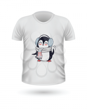 T-shirt front view with animals isolated on white. Realistic t-shirt vector in flat. Cartoon character penguin, in winter cloth. Casual wear. Cotton unisex polo outfit. Fashionable apparel
