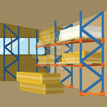 Warehouse hangar building vector. Flat design. Storage room with racks loaded crates and boxes. Spacious place for saving freight and parcels. Illustration for delivery companies and services ad