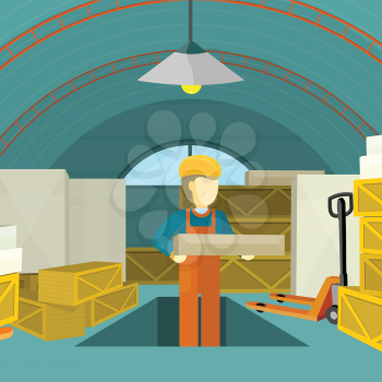 Warehouse interior banner. Equipment delivery process of warehouse. Warehouse interior, logisti and factory, loader man in warehouse building exterior, business delivery, storage cargo illustration