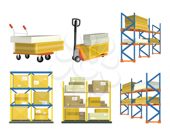Set of warehouse elements. Warehouse and forklift truck, shelf with cartoon box. Logisti and factory building exterior, business delivery, logistics, storage cargo, delivery and shipping illustration