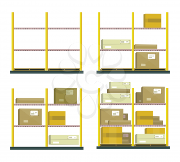 Set of racks with boxes in flat design. Warehouse equipment and organization of cargo storage.Parcels on the shelves of the post office. Isolated on white background
