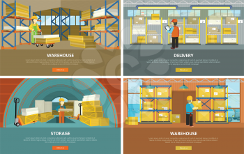 Warehouse interior, storage and delivery banners. Equipment delivery process of warehouse. Logisti and factory building interior, business delivery, logistics, storage cargo illustration.