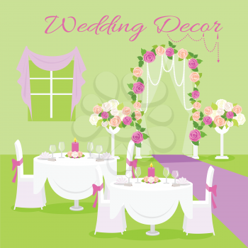 Wedding ceremony decor concept vector. Flat style. Composition in green and violet colors with decorated for holiday dinner tables,  carpet, flowered wedding gate, window. For wedding company ad