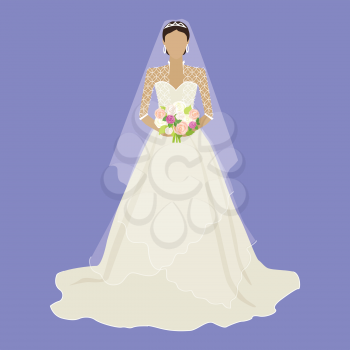 Fashion bride in luxury dress isolated. Female character without face in wedding dress in flat design. Woman template personage figure or wedding concepts, apps, logos, infographic. Vector