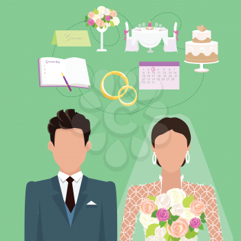 Wedding ceremony concept vector. Flat style. Faceless couple of newlyweds. Fiance and bride standing on green background, rings, organizer, invitation, bouquet, holiday table, wedding cake above
