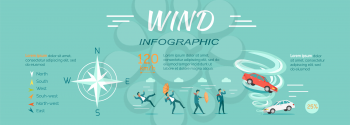 Wind Infographic vector. Flat design. People attacked strong wind, cars lifted vortex, compass rose illustrations with data and text. Effects of climate changes. For weather forecast concepts