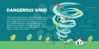 Dangerous wind conceptual vector banner. Flat style. Huge vortex lifted house, car and trees, knocked down man and destroyed building. Natural disaster illustration for insurance company web page