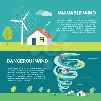 Valuable wind, dangerous wind banners. Wind strength levels. Windless breeze strong wind hurricane. Set of wind levels. Cottage house. Natural disaster. Changeable weather concept. Vector