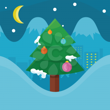 Winter holidays concept vector set. Flat design. Christmas tree decorated colored toys and covered snow standing on background of night city, moon and stars above. Christmas and New Year celebrating