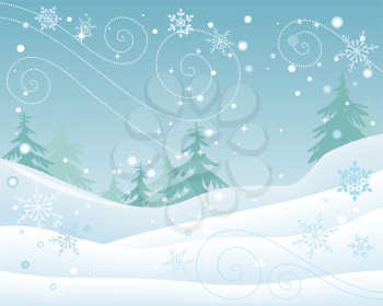 Winter forest vector concept. Flat design. Spruce trees in snowdrifts during snowfall or blizzard, beautiful snowflakes walling. Cold season nature motive. For seasonal ad design, weather illustrating