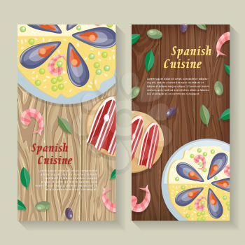 Spanish cuisine banner isolated on wooden background. Paella traditional Spanish meal with rice and seafood. Jamon dry-cured ham. Tapas appetizers, snacks. Spain food concept in flat design. Vector