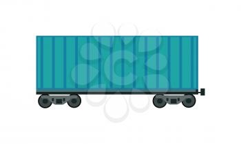 Blue railroad container in flat. Freight car transportation train cargo and railroad freight car wagon industry. Empty cargo wagon. Freight car icon. Logistics and transportation of cargo.