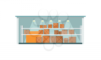 Warehouse interior, logisti and factory building exterior, business delivery, storage cargo vector illustration. Logistics and transportation of cargo. Isolated object in flat on white background.
