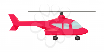 Red fly helicopter icon. Helicopters fly air transportation and sky rotor helicopters. Helicopters travel aviation propeller. Isolated object in flat design on white background.
