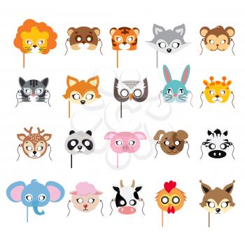 Collection of different animal masks on face. Mask of lion, bear, tiger, rabbit, monkey, cat, fox, owl, hare, giraffe, deer, panda, pig dog zebra elephant sheep cow squirrel Flat desing Vector
