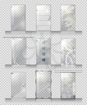 Set of various types of contemporary glass doors. Flat design. Pockmarked background. Clean glass door, with lines, flowers, squares, stains. Different kind of handles, straight, circle, waved Vector