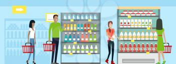 Shopping in supermarket vector. Flat design. Man and woman with baskets in hands choose products from store shelves. Consumers choice and shopping concept. Illustration for sales and discounts ad.