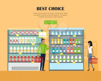 Best choice in supermarket concept web banner. Flat style. Shopping in grocery store. Customers choose daily products from shelves. For buyer decision and merchandising strategy web page design.  