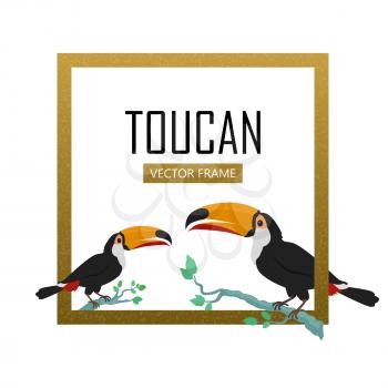 Toucan vector frame. Animals of Amazonian forests in flat design. Fauna of South America. Wild life in tropics concept for posters, childrens books illustrating. Toucans on branch isolated on white.