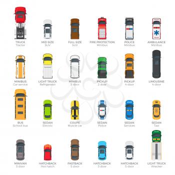 Collection of various kinds of car body icons in flat style. Types of auto - minivan, limousine, truck, police, ambulance, fire protection, taxi, minibus, sedan. Flat design vehicle icons. Vector