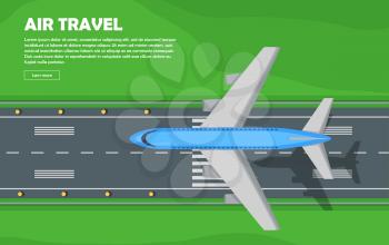 Aviation travel vector illustration of airplane. Plane, airport, runway, takeoff, grass, marking, lights. Vector informative poster, banner illustration. For airport hall or website about airplanes