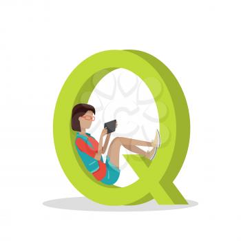 Gadget alphabet. Letter - Q. Woman with tablet sitting in letter. Modern youth with electronic gadgets. Social media network connection. Simple colored letter and people with electronic devices