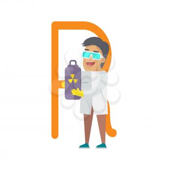 R letter and scientist with radiation tube container. Human characters in white gowns with scientific equipment. Alphabet series with people. Physics and physicist. Educational concept. ABC vector
