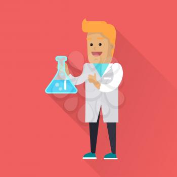 Scientist at work illustration. Vector in flat style design. Scientific icon. Smiling male character in white gown standing with flask in hand. Educational experiment. On red background with shadow