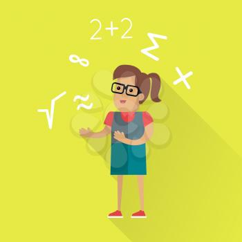 Calculations vector concept in flat design. Female character in glasses surrounded mathematical symbols. illustration for scientific, educational concepts, app icons. On yellow background with shadow