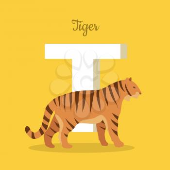 Animal alphabet. Letter - T. Striped tiger stands near letter. Alphabet learning chart with animal illustration for letter and animal name. Vector zoo alphabet with cartoon animal on yellow background