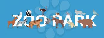 Zoo park with animals banner isolated. Elk zebra hamster tiger panda ostrich deer beaver kangaroo mouse wolf bear dove. Zoo advertisement poster. Different animals in the zoo. Vector in flat style.