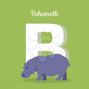 Animal alphabet. Letter - B. Blue behemoth stands near letter. Alphabet learning chart with animal illustration for letter and animal name. Vector zoo alphabet with cartoon animal on green background