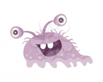 Funny smiling germ. Purple cartoon character with big eyes on head. Monster with tooth. Bacteria without hands and open mouth. Vector funny illustration in flat design. Friendly virus. Microbe face