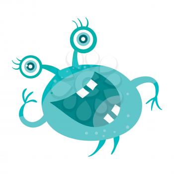 Cartoon blue microorganism. Funny smiling germ. Character with big eyes on head. Monster bacteria with tooth, hands, open mouth. Vector funny illustration in flat design. Friendly virus. Microbe face