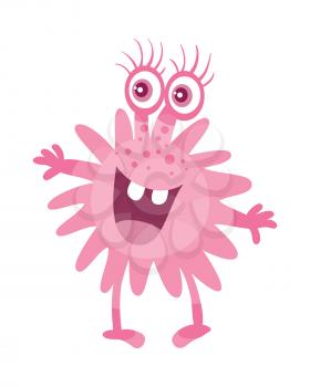 Cartoon pink microorganism. Funny smiling germ. Character with big eyes on head. Monster bacteria with tooth, hands, open mouth. Vector funny illustration in flat design. Friendly virus. Microbe face