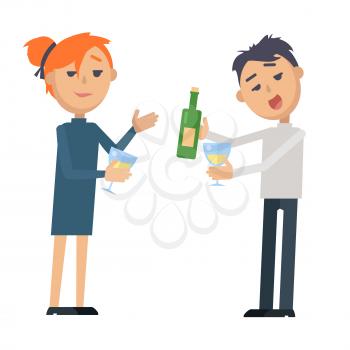 Boy and girl with glass of wine and bottle isolated on white. Coupe want to relax. Man and woman at party. Wine degustation. Valentines day celebration in flat style design. Vector illustration