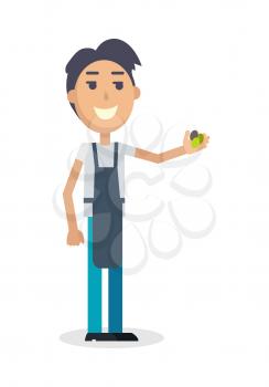 Boy with grapes isolated on white. Winemaker gather the harvest. Man propose grapes. Viticulture. Wine degustation. Winemaking concept. Shop assistant sale grape in flat style design. Vector