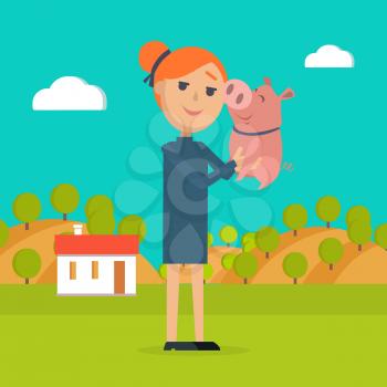 Woman holds pig in hand. Country farm on background. Farmer girl with her adorable pet in countryside. Small pink piggy with his mistress. Summer holidays in village in flat style. Vector illustration