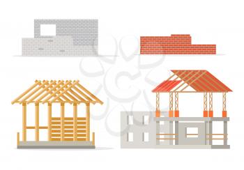 Industrial process of building new house. Stages of constructing. Industrial and design brick wall, house frame of girders, pieces of roof, foundation of house and cement walls. Vector illustration