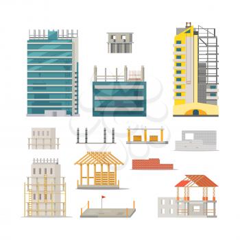 Building. Set of icons of different processes. Stages of modern building constructions. Unfinished houses. Wall construction. Wooden houses. Making basement. Flat design. Vector illustration