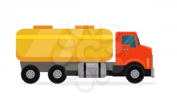 Tank truck vector. Flat design. Industrial transport. Construction machine. Lorry with container for liquids. For construction theme illustrating, building companies advertising. On white background