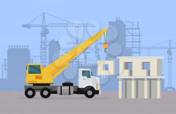 Truck crane on background of building area. Vector in flat design. Industrial transport. Construction machine. Big lorry with telescopic hoist. For construction theme illustrating, building companies