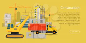 Construction web banner. Development. Building process. House building in flat style. Building of residential banner with equipment crane, truck, materials. Big building area. Vector illustration