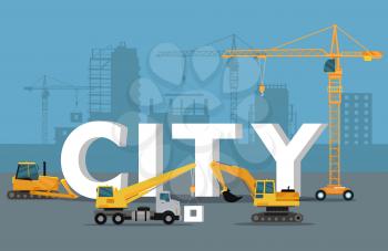 City development concept. Build banner in flat style. Modern building process. Construction of residential houses banner. Big building area. Icons of construction machinery. Vector illustration